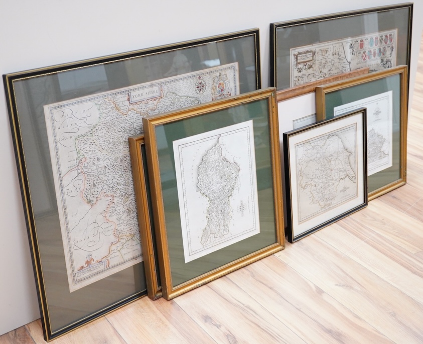After John Speed (1552-1629), Antique hand coloured engraved map of Yorkshire, sold by Thomas Bassett in Fleet Street and Richard Chiswell in St. Paul's Churchyard, together with a similar example after Jan Jansson, and